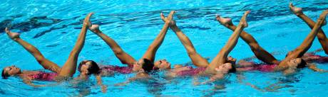 Members of Spain's team compete during the synchronized swimming free routine combination final at the World Championships in Rome